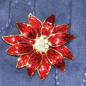 Elegant Red Enamel With Gold Trim Flower Brooch.
